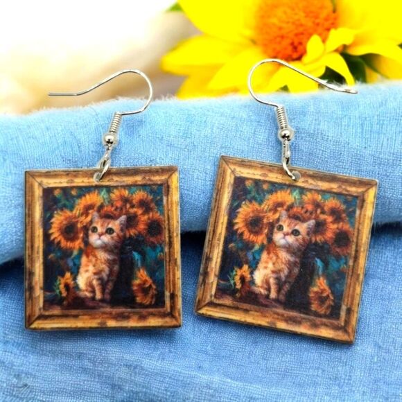 Van Gogh Cat Sunflowers Famous Painting Earrings Dangle Pierced Ears Fun Jewelry - Picture 3 of 4